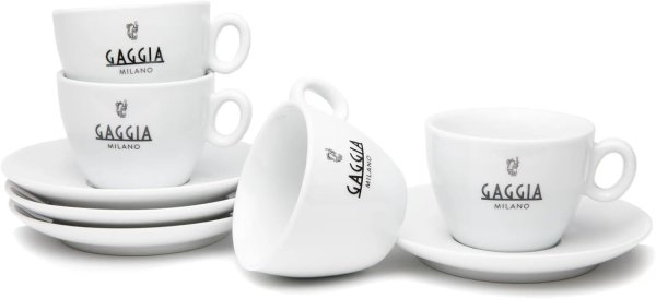 Gaggia Cappuccino Kaffeetassen und Untertassen, Set mit 4 Keramik-Kaffeetassen und Untertassen, Weiß